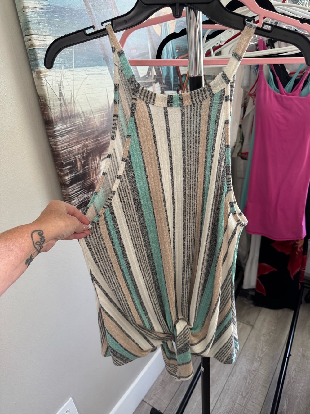 Knot-Front Striped Tank Top in Cream, Teal & Tan